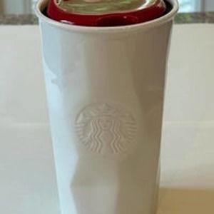 2013 Starbucks Faceted Mermaid Logo White Ceramic Travel Mug W/Red Lid